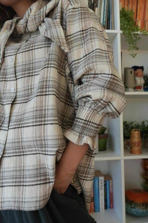 Agnes Plaid Brushed Cotton Neckerchief Blouse Warm Grey